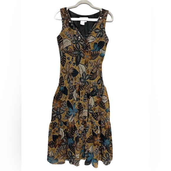 Coldwater Creek Leaf Floral Print Drop Waist Sleeveless Dress - Brown and Blue - Picture 1 of 7